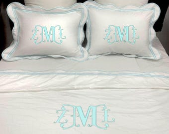 Monogram PERCALE Wavy Scalloped Embroidery Border White Duvet Cover Set 100% Cotton Sateen 500 Thread Count