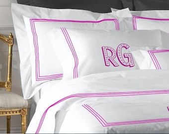 Personalized Monogrammed White Duvet Cover Set 3 Line Embroidery Border 100% Cotton Sateen 500 Thread Count
