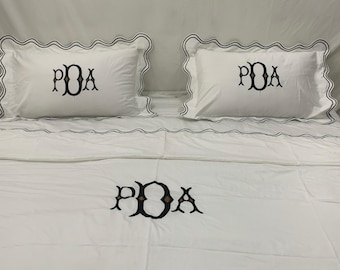 Personalized Monogram 400TC White Cotton Sateen Hotel Stitch Duvet Cover Set Double in Scalloped Embroidery 1 Duvet Cover and 2 Pillow Sham