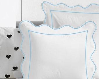 400 Thread Count White Cotton Sateen Hotel Stitch Pillow/Euro Sham in 6 Different Scalloped Edge Piping & Border