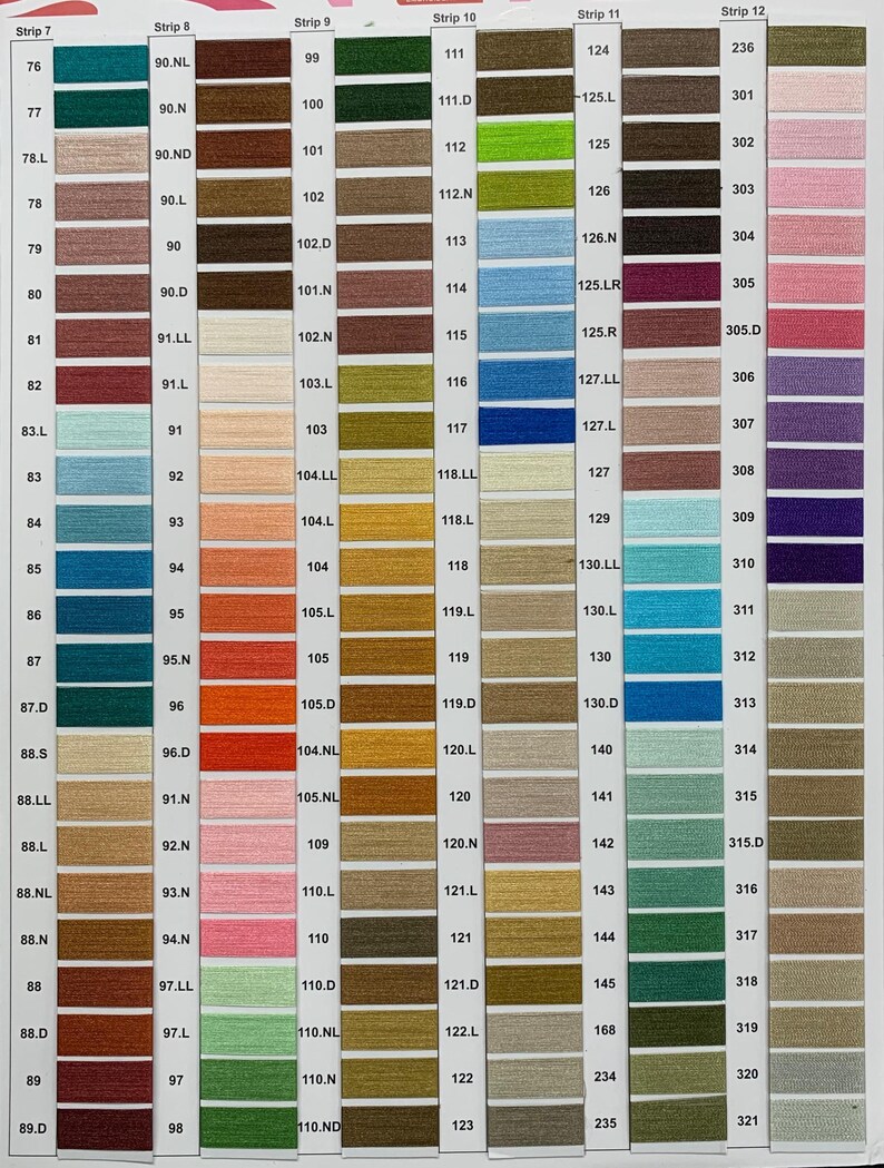 May include: A color chart of embroidery floss with numbered thread colors. The chart is divided into 12 strips, each with a different color range. The colors range from green, brown, yellow, blue, orange, red, pink, and beige.