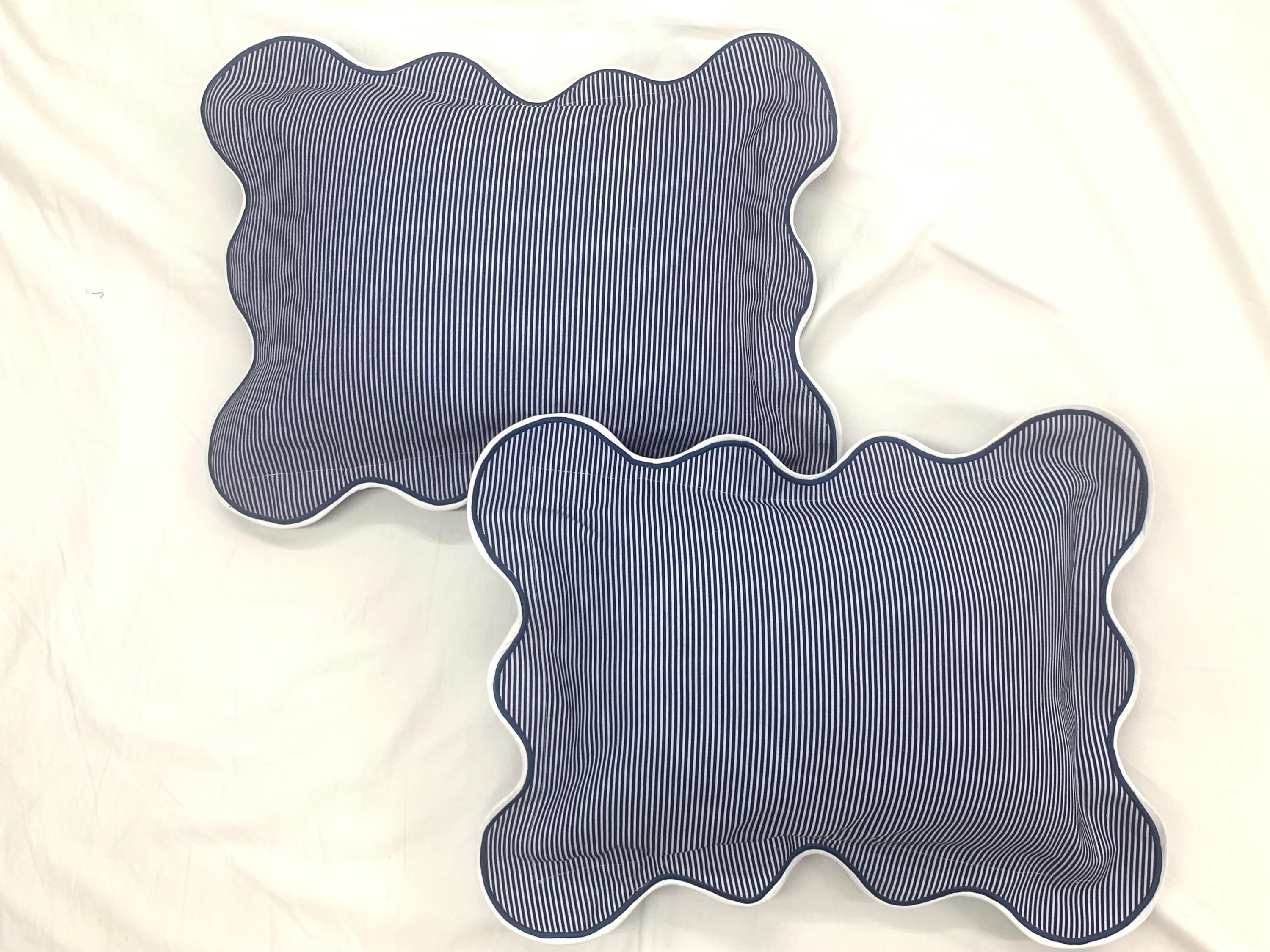 White Scalloped Embroidery Ticking Stripe Pattern Euro/Pillow Sham cover Set of 2