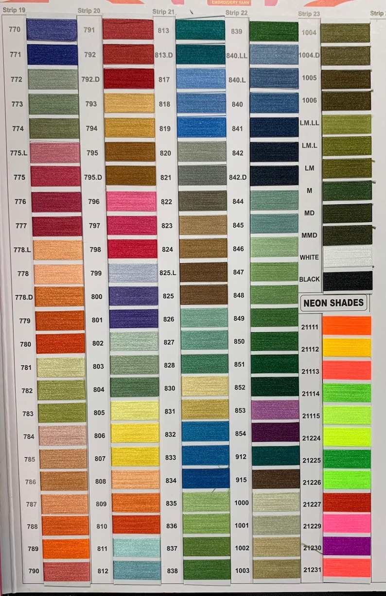 May include: A color chart of embroidery floss with numbered thread colors. The chart includes a variety of colors, including red, blue, green, yellow, orange, purple, pink, brown, and black. The chart also includes a section for neon shades.