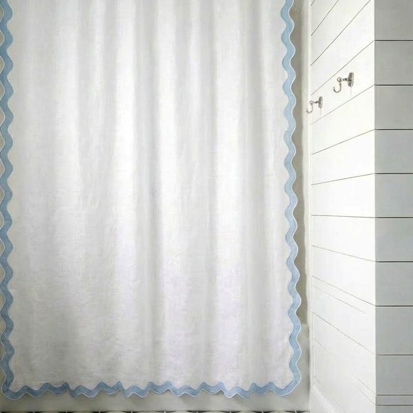 Scallop Applique Border 100% Linen shower Bath Curtain with Button holes (1 Panel)
