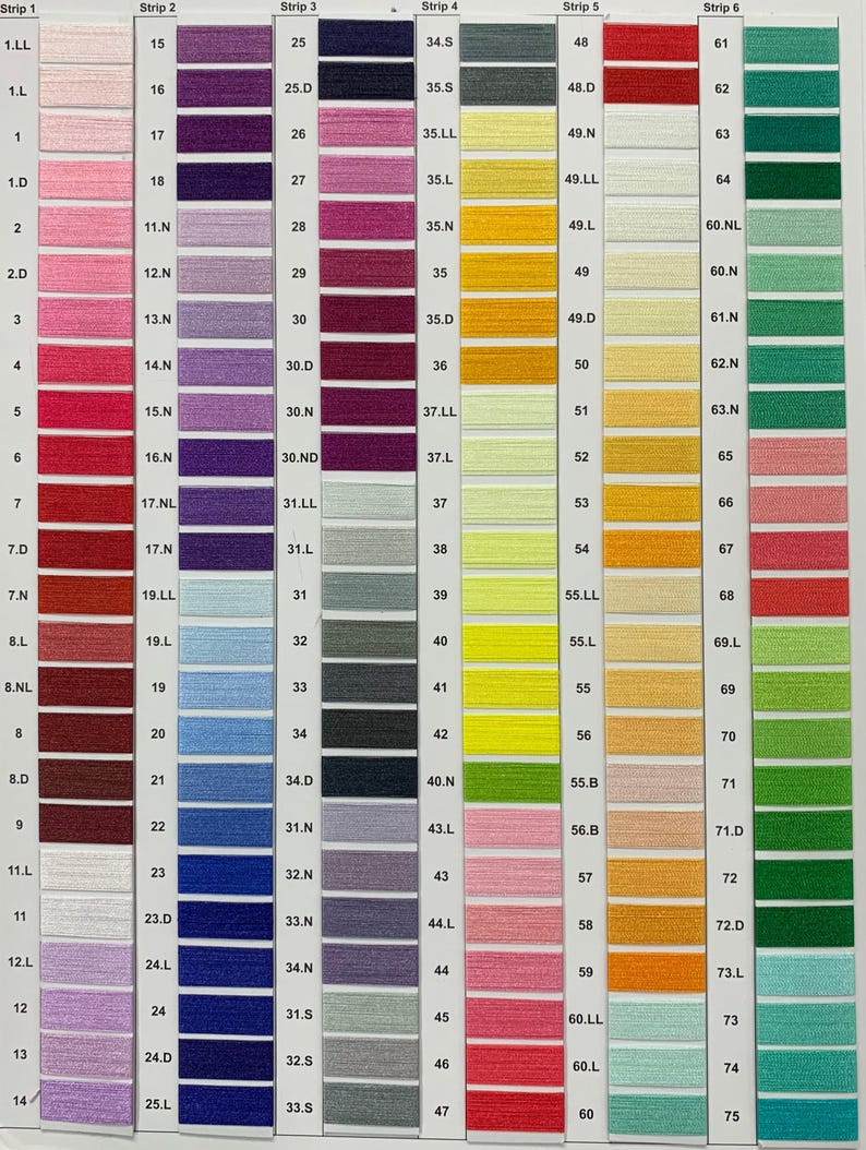 May include: A color chart of embroidery floss with numbered thread colors. The chart is divided into six strips, each with a different color range. The colors include red, pink, purple, blue, green, yellow, orange, and brown.