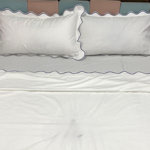 400 TC White Cotton Sateen Hotel Stitch Duvet Cover Set in Scalloped Embroidery 1 Duvet Cover and 2 Pillow Sham Cover (100% Cotton)