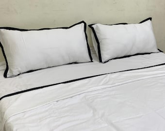 400 Thread Count White Cotton Sateen Hotel Stitch Duvet Cover in Edge Border frame