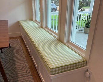 Cojín de banco de 7,6 cm de grosor / Cojín con estampado de cuadros y ribete / Cojín para asiento de ventana a medida / Cojín para sofá / Estampado de vichy