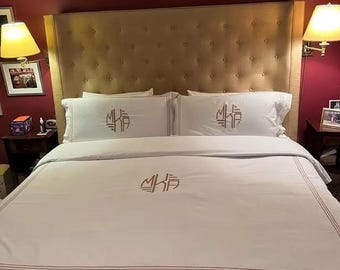 Personalized Monogram 400 TC White Cotton Sateen Duvet Cover Set in Triple Classic Embroidery Border 1 Duvet Cover and 2 Pillow Sham