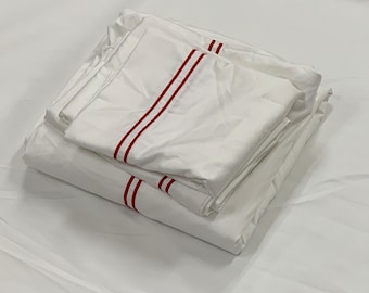 400 Thread Count White Cotton Sateen Double Border Embroidery Hotel Stitch Sheet Set (15" deep pocket fitted sheet)