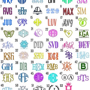May include: A chart of 53 different monogram designs, each with a unique combination of letters and colors. The monograms are arranged in a grid pattern, with each monogram numbered.