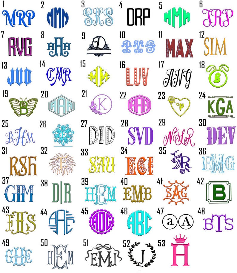May include: A chart of 53 different monogram designs, each with a unique combination of letters and colors. The monograms are arranged in a grid pattern, with each monogram numbered.