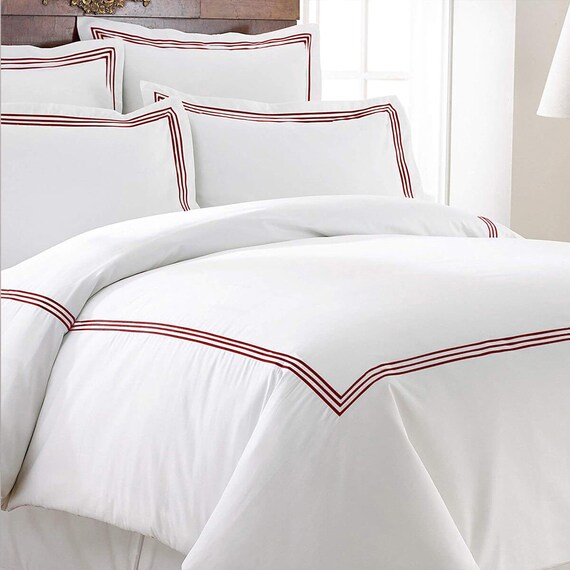 White Duvet Cover Set Triple Embroidery Border 100 Cotton Etsy