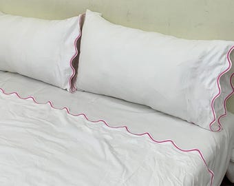 400 Thread Count White Cotton Sateen Scalloped Embroidery  Hotel Stitch Sheet Set (15" inch deep fitted sheet)