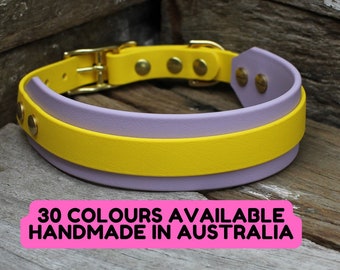 May include: A two-tone dog collar in yellow and lavender, with gold-colored hardware. The collar is made of layered leather and is secured with a buckle. The text "30 COLOURS AVAILABLE HANDMADE IN AUSTRALIA" is displayed on a pink background.