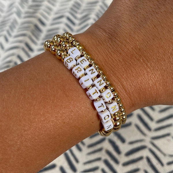 14k GOLD-FIlled Custom Word Bracelet 6mm Beads, Gold Name Bracelet, Personalized Gift, Valentine's Gift