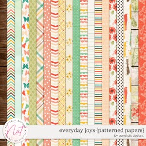 Puede incluir: Una colección de tiras de papel digital verticales con diversos patrones que incluyen chevrón, lunares, motivos florales, rayas, bordes festoneados y estampados de mariposas en una paleta de colores coral, amarillo, verde, blanco y negro.