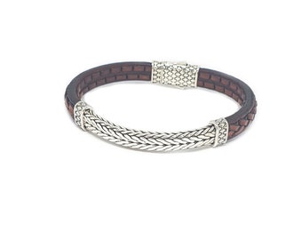 Handmade sterling silver and leather bracelet 10mm wide