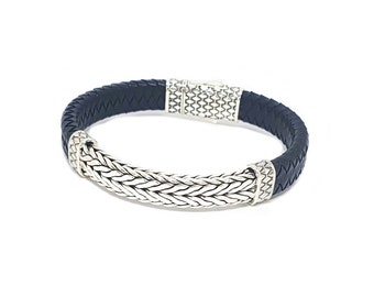 Handmade sterling silver Bali leather bracelet 10mm and 12mm width