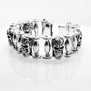 Handmade Heavy Sterling Silver Skull Bracelet - Men&#39;s Vintage Style