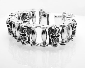 Handmade Heavy Sterling Silver Skull Bracelet - Men's Vintage Style