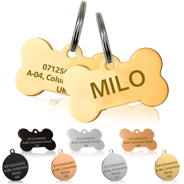 Personalised Dog Tag, Round/Bone shape Dog Tag Personalized for Dogs, Engraved Dog Tag, New Puppy Gifts, Gold, Rose Gold, Black, Silver UK
