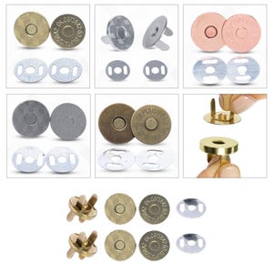 Puede incluir: Variedad de cierres magnéticos a presión en acabados metálicos, oro, plata, bronce y cobre. Cada juego incluye un cierre redondo y una placa metálica con dos agujeros para coser. Ideal para bolsos y manualidades.