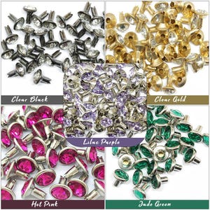 Könnte beinhalten: Sortiment von 10 mm runden Strasssteinen mit silbernen Fassungen und verschiedenen farbigen Glassteinen. Die Farben umfassen Klar Schwarz, Klar Gold, Lila Lila, Heiß Pink und Jade Grün.