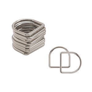May include: A stack of silver-colored D-rings, with two additional rings displayed separately. The D-rings are made of metal and have a smooth, shiny finish. The rings are designed with a flat base and a rounded top.