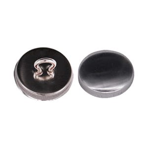 May include: Two silver metal buttons, one with a loop on top. The buttons are round and have a smooth, shiny finish.