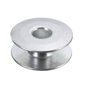 May include: A silver-coloured metal sewing machine bobbin featuring a circular shape with two flat, parallel discs connected by a central cylindrical core. The bobbin has a smooth, reflective surface and a hollow centre hole for threading.