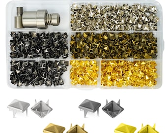 May include: A clear plastic organizer filled with various metal studs in silver, gold, and black. The studs are pyramid-shaped and have prongs for attachment. Also included is a silver metal screw and bolt.