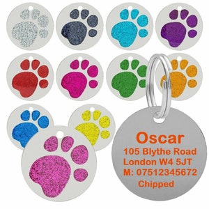 Personalised Dog Tag Engraved Pet ID Collar Customised Puppy Name Charm Personalized Glitter Neck Sparkly UK
