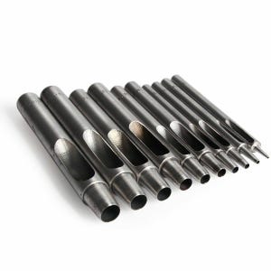 May include: A set of ten silver metal leather hole punches of varying sizes. The punches are arranged in order of size, with the smallest punch on the left and the largest punch on the right.