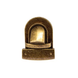May include: Antique brass-toned metal clasp with a rounded top and a rectangular base. The clasp has a decorative design and a latching mechanism.