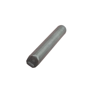 May include: A grey metal dowel pin with a square end. The cylindrical pin is angled slightly, with a rounded end. The pin is a solid, industrial-style component.