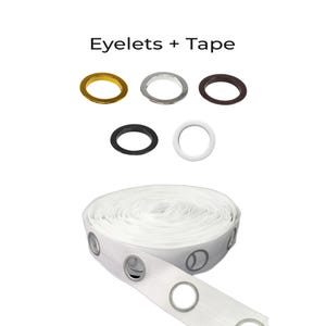 May include: White curtain tape with silver eyelets. The tape is rolled up and there are five different colored eyelets shown above the tape: gold, silver, brown, black, and white.