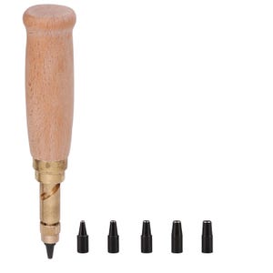May include: A leather punch tool with a wooden handle and five interchangeable punch heads. The punch heads are black and the tool is made of brass.
