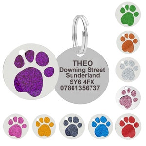 Personalised Dog Tag, Dog Id Tag, Glitter Paw Print, Pet Id Tag-Round Tag, Engraved Dog Tag, Dog Tag for Dog Lover Gift Custom Dog TagUK