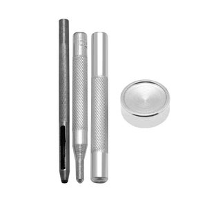 May include: A collection of silver metal tools, including a hole punch, two rivet setters, and a small, round anvil. The tools have textured handles and are set against a white backdrop. Suitable for leatherwork and other craft projects.
