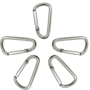 May include: Five silver carabiner clips arranged in a circular pattern. Each clip has a spring-loaded gate for secure closure. The carabiners are made of a shiny, metallic material, and are designed for various outdoor and utility applications.