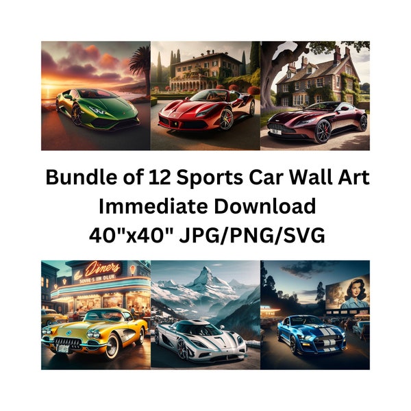 Artful Sports Car Wallart Bundle Masculine Office Decor Digital Art Download Sports Car PNG SVG Jpg Printable Wall Art DIY Father's Day Gift