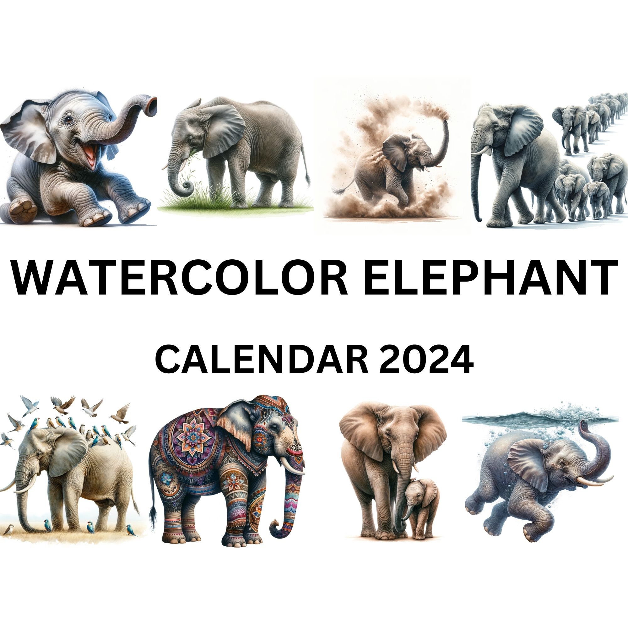 Realistic Watercolor Elephant Calendar 2024 Printable 2024 Calendar