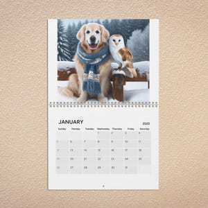 Wall Calendar Golden Retriever Dog and Barn Owl Art Calendar Artful Wall Art for Home Office Decor Animal Lover Gift for Dog Lover Owl Lover