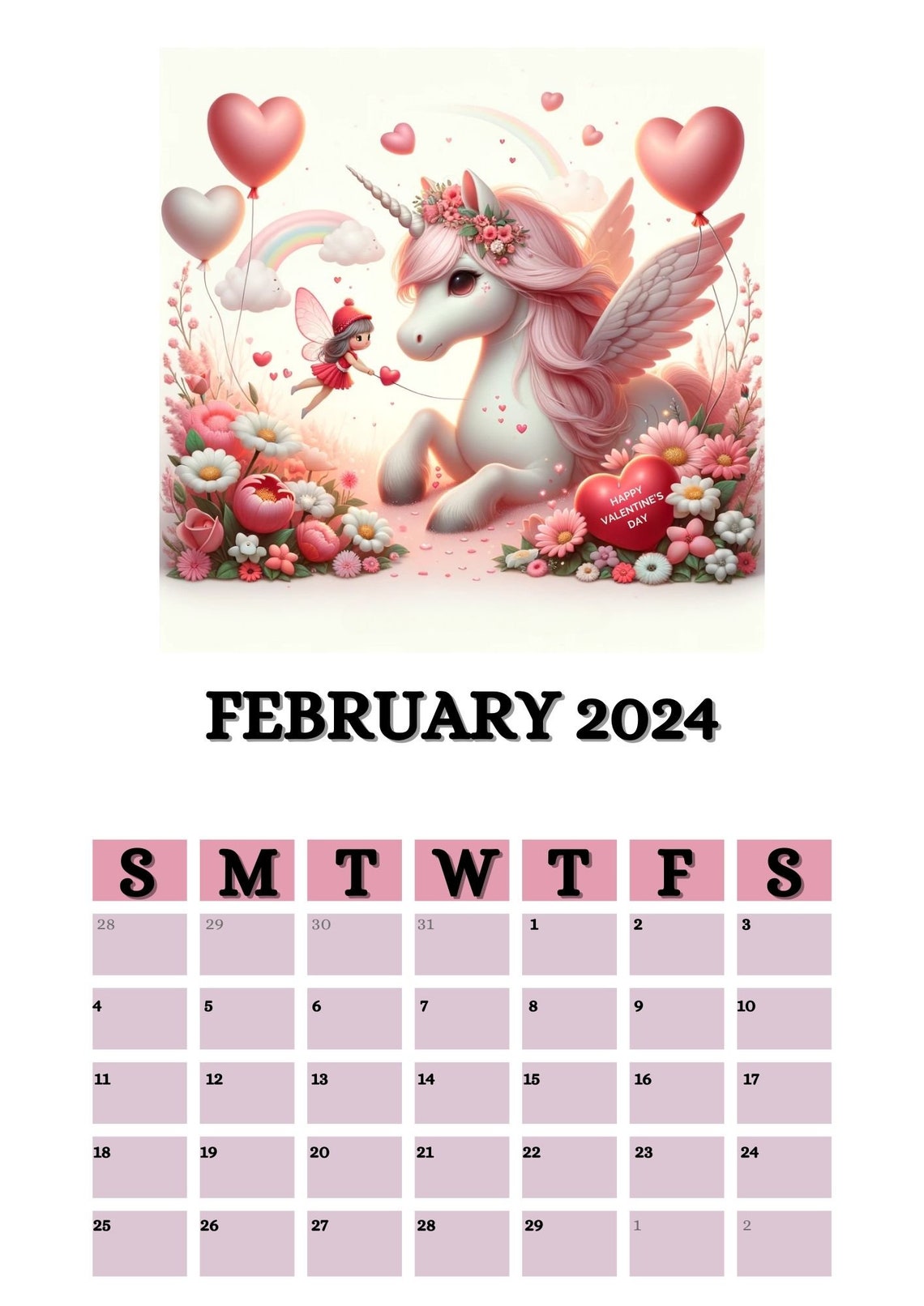 2024 Printable Unicorn Calendar A4 Vertical Format Rainbow - Etsy