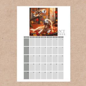 A4 Printable Calendar 2025 Golden Retriever Dog and Barn Owl Calendar Digital Download Aesthetic Wall Calendar Cute Dog Wall Art