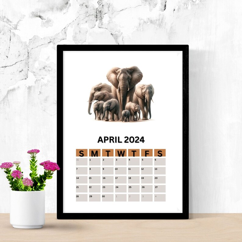 Realistic Watercolor Elephant Calendar 2024 Printable 2024 Calendar