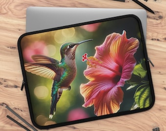 Artful Hummingbird Laptop Sleeve Gift for Birdlover Desk Decor Artful Bird Office Decor Floral Hibiscus Laptop Cover