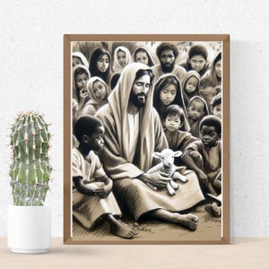 Charcoal sketch of Jesus teaching the children with a little lamb resting in His lap - Jesus Portrait - Bible sketch - Jesus and Lamb