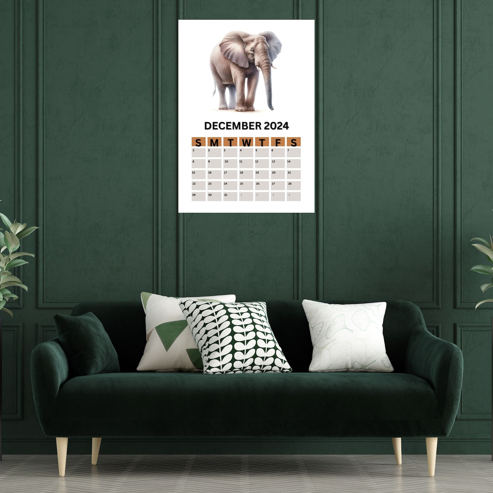 Realistic Watercolor Elephant Calendar 2024 Printable 2024 Calendar
